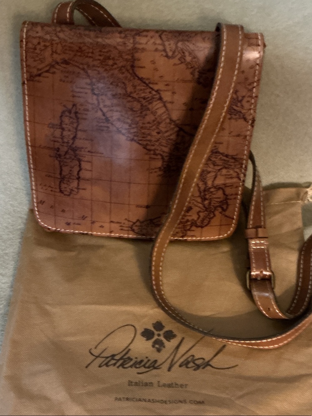 Patricia Nash Cognac Map-Print Leather Messenger Crossbody